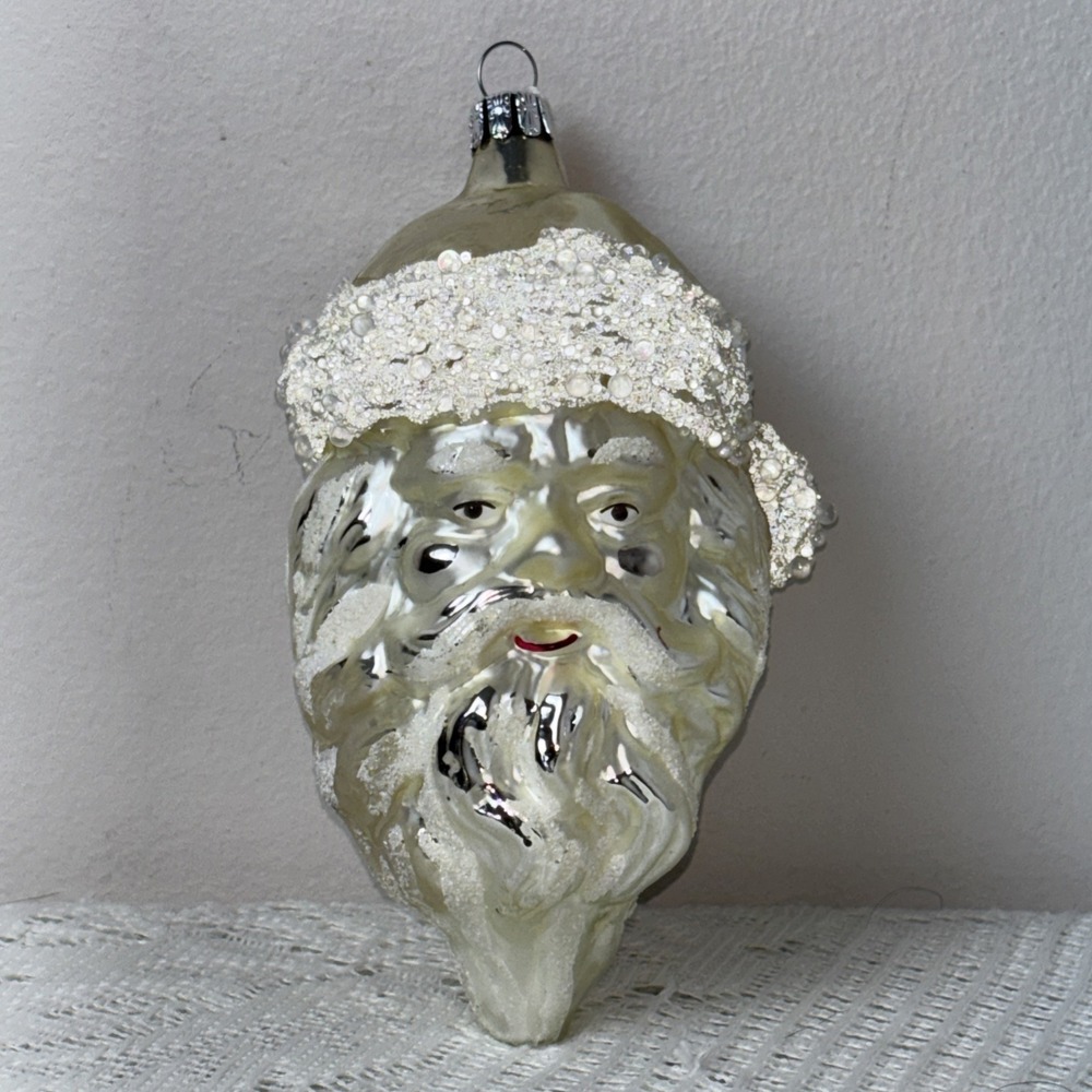 Vintage Santa Head Blown Glass Christmas Ornament Glitter White & Silver Large